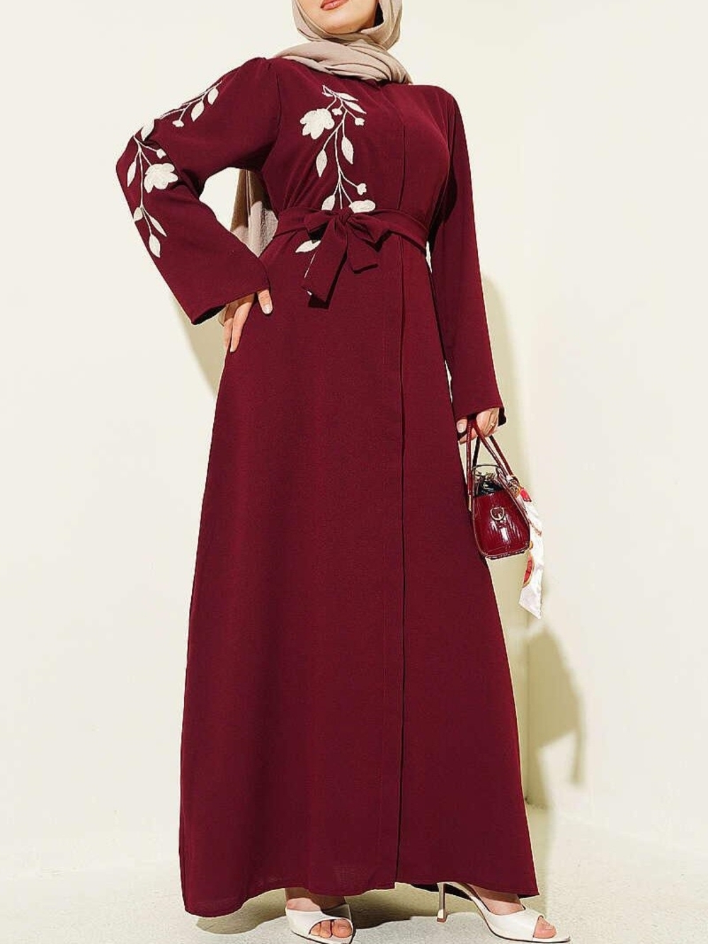Flower Embroidered Hidden-Button Abaya Burgundy XL